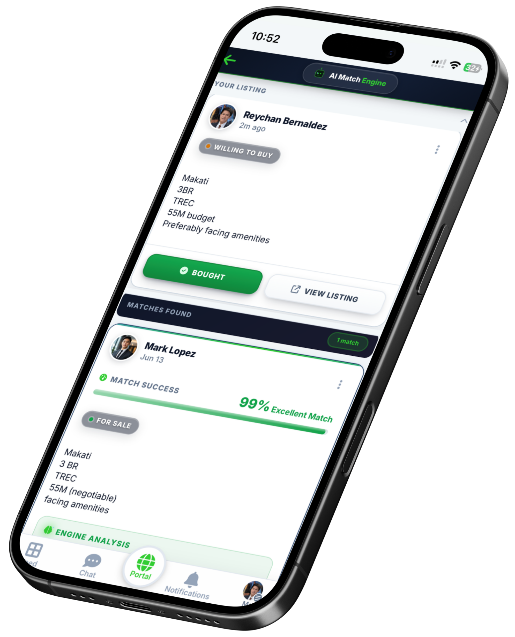realmate AI Match Engine — a 99% match between a Makati 3BR buyer and a listing, shown on an iPhone